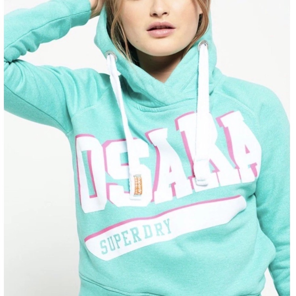 Superdry Osaka Hoodie Teal Turquoise Graphic Pullover Sweatshirt Womens Small